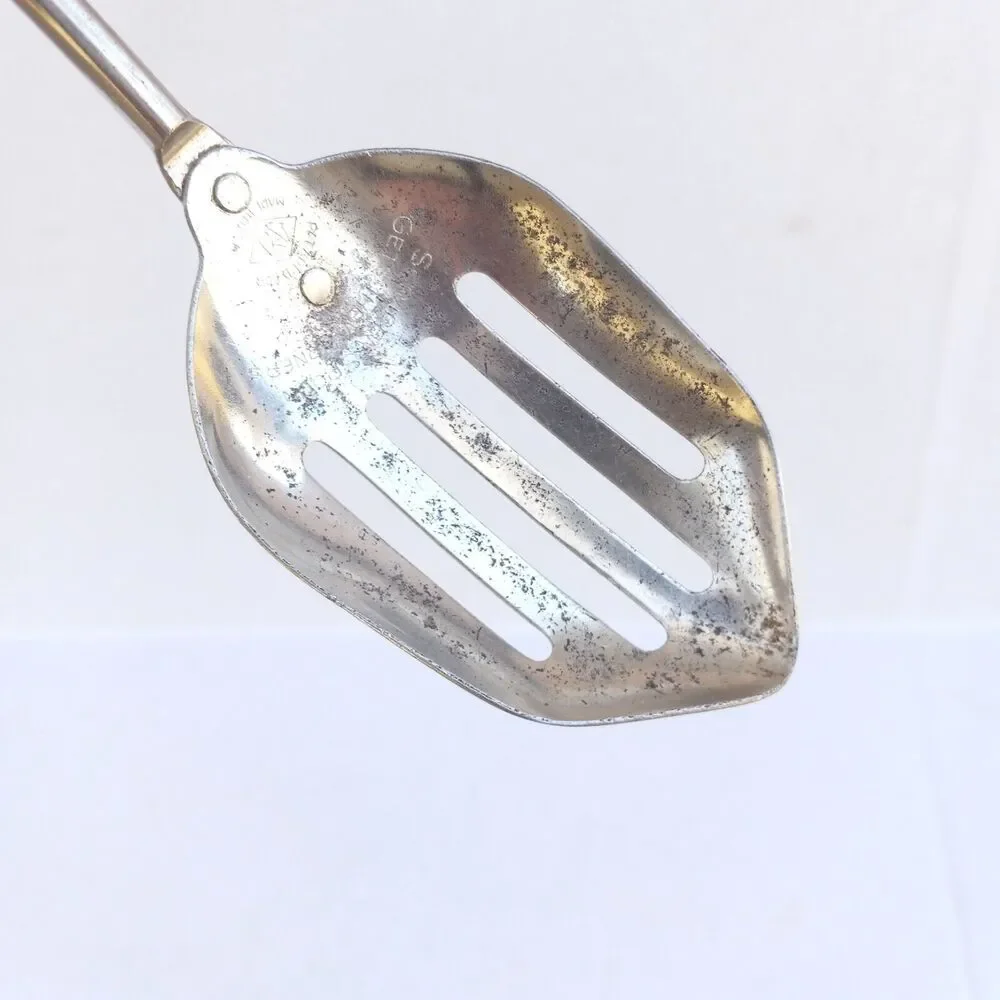 Vintage A&J Scraper Slotted Spoon-Stainless Steel-Wooden Handle-USA Made-Chippy